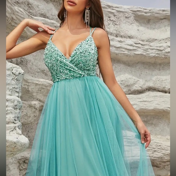 Luxe lace up back mesh sequins bodice party formal prom wedding gown dress - Picture 4 of 16